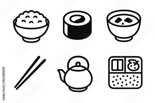 Japanese Cuisine Icons. Japan Cuisine Set linear icon set: rice bowl, sushi roll, miso bowl, chopsticks, tea pot, bento box
