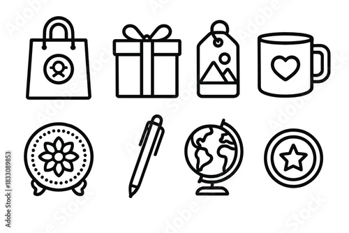 Gift Shop Icons. Gift Shop Finds linear icon set. bag with logo, wrapped gift, souvenir tag, coffee mug, decorative plate, pen, mini globe, token coin.
