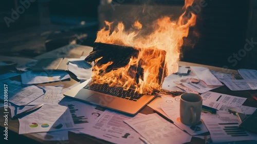 A laptop computer bursts into flames on a messy desk covered with documents, a metaphor for burnout and data loss