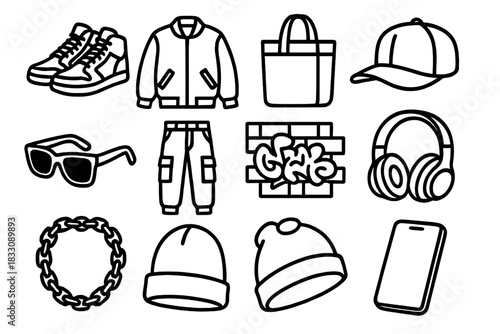 Urban Fashion Icons. Urban fashion linear icon set: sneakers, bomber jacket, tote bag, hat, shades, cargo pants, t-shirt, graffiti wall, headphones, chain, beanie, phone