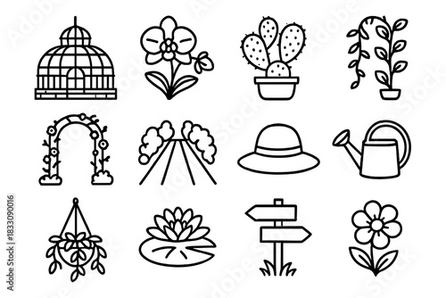 Floral Conservatory Icons. Floral Conservatory linear icon set: glass dome, orchid, cactus, vine, garden arch, walkway, gardener hat, watering pot, hanging plant, lily pad
