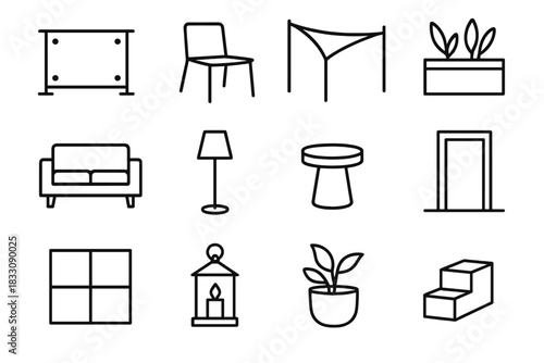 Minimalist Outdoor Icon Set. Modern outdoor spaces linear icon set: glass railing, minimalist chair, sun shade, planter box, sofa, lamp, side table, door frame, floor tile, lantern