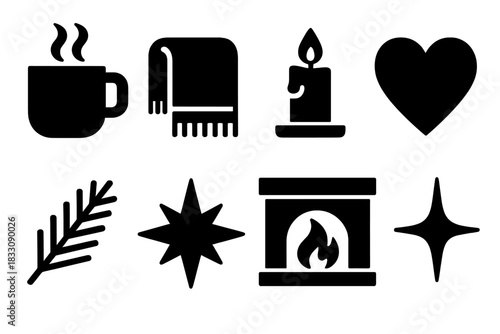 Cozy Season Icons. Seasonal warmth silhouette icon set : steaming cup, cozy blanket, candlelight, heart, pine branch, star, fireplace, sparkle