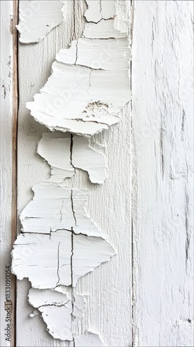 Close-up of peeling white paint on a weathered wooden surface, revealing texture and cracks, creating an abstract background.