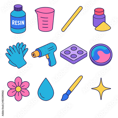 Colorful Resin Art Tools. Resin art flat icons set. resin bottle, mixing cup, stir stick, pigment powder, gloves, heat gun, mold, coaster, flower, droplet, brush, sparkle