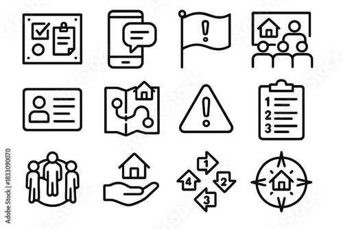 Neighborhood Safety Icons. Neighborhood Protection Kit linear icon set: safety board, communication notice, hazard flag, community meeting icon, emergency contact card, local watch