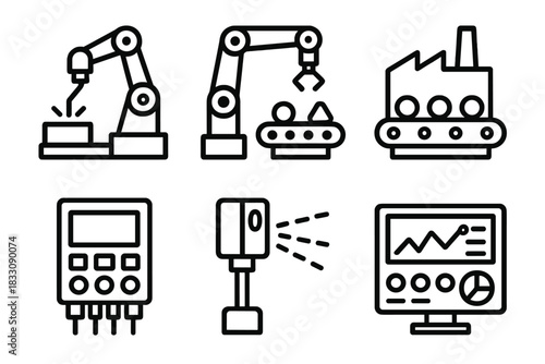 Industrial Robotics Icons. Industrial Robotics linear icon set. welding robot, assembly line arm, factory conveyor, PLC controller, safety sensor, production dashboard.