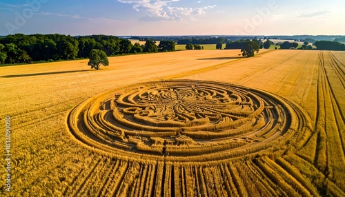 Crop circle in golden field viewed from above, bordered by trees under a blue sky, summer farmland landscape