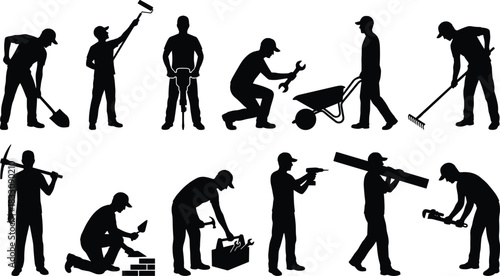 Silhouette collection of construction workers using tools, building, digging, repairing, painting, drilling, masonry, carpentry, and labor activities for industry design