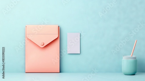 A minimalist composition featuring a pink envelope, a white card, and a teal drink with a straw against a blue background.