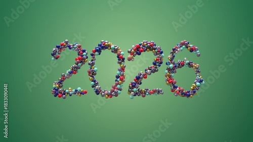 2026 Christmas balls garland waving on the wind with alpha channel. Celebration New Year. 3D animation