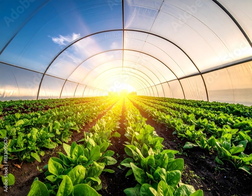 Crops growing in a greenhouse under a bright, sunny sky. Rows of green plants stretch into the horizon