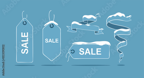 Winter sale tags and promotional ribbons isolated on a cool blue background designed for seasonal marketing illustrations