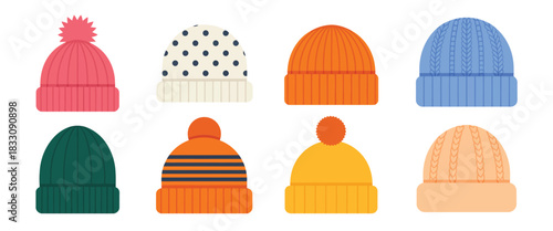 Knitted hats in various colors and styles for winter wear, featuring cozy textures, warm seasonal accessories,