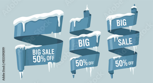 Winter themed promotional ribbons with snowy icicle details for festive discount advertising assets