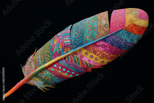 vibrant tribal patterned feather on a black background abstract art