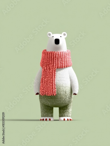 Cartoon polar bear wearing a pink scarf on a green background  