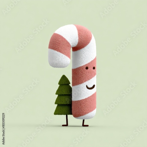 Candy cane character smiling with small green tree on light background  
