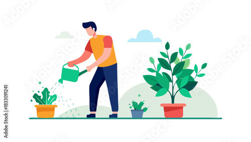 Man Watering Plant outdoor greenery daily routine .vector icon