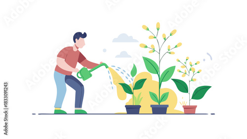 Man Watering Plant outdoor greenery daily routine .vector icon