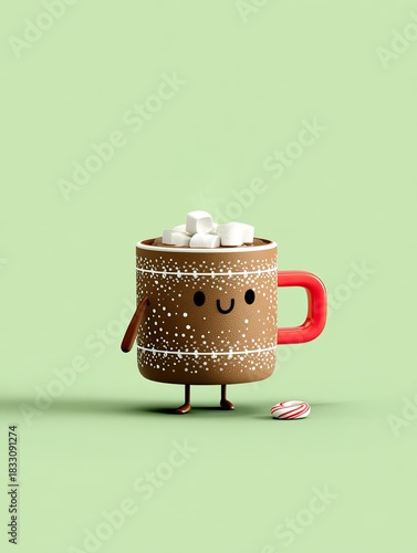 Cute cartoon mug filled with hot chocolate and marshmallows  