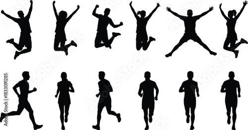 Silhouettes of active people jumping and running, energetic human motion poses for fitness, sports, exercise and lifestyle illustration set