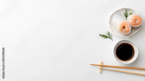 Overhead shot of shrimp spring rolls served on a plate with soy sauce and chopsticks on a white surface. Fresh, healthy food concept.