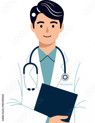 Smiling Male Doctor with Stethoscope and Clipboard - Flat Vector Illustration