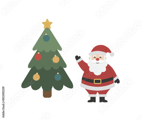 Happy Santa Claus Waving Beside Decorated Christmas Tree Vector. Flat Cartoon Character Ready for Holiday Season. Xmas Greeting and Festive Decoration.