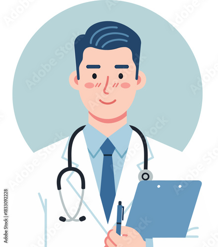Smiling Male Doctor Avatar with Stethoscope and Clipboard, Flat Vector Illustration of Healthcare Professional