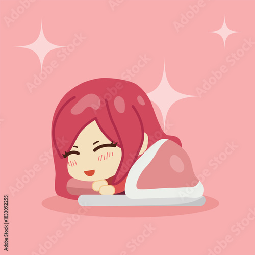 Cute Chibi Girl Sleeping Peacefully Vector Illustration. Adorable Cartoon Character Resting on Pink Background. Sweet Dreams and Relaxation Concept Art.