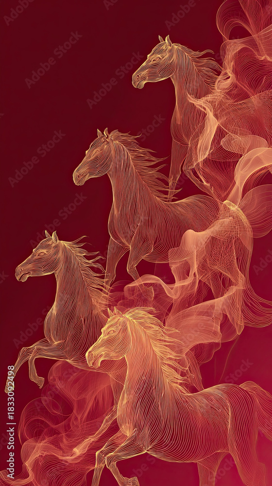 Fototapeta premium Celebrating the vibrant energy of the Year of the Fire Horse with flowing golden silhouettes on a rich red backdrop