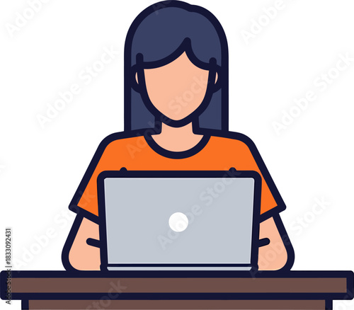 Woman Working on Laptop at Desk Icon. Remote work, business, and technology illustration.