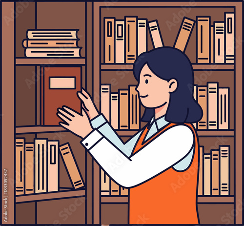 Woman Placing Book on Library Bookshelf - Education and Learning Illustration