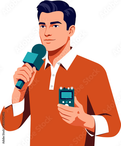 Vector Illustration of Male Reporter Holding Microphone and Recorder