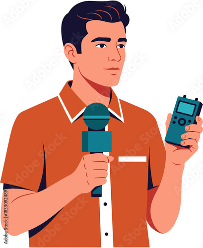 Professional Male Journalist or Reporter Holding Microphone and Digital Audio Recorder Vector Illustration