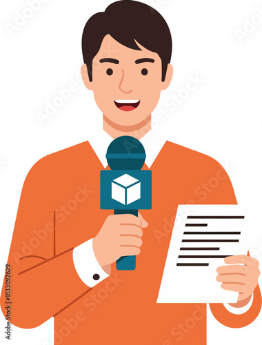 Male News Reporter or Journalist Holding Microphone and Script Vector Illustration