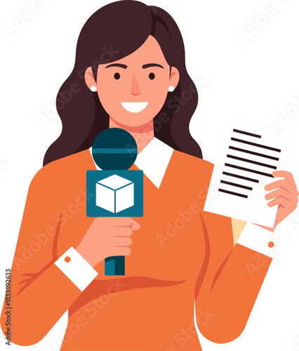 Smiling Female Journalist Holding Microphone and Notes. News Reporter Character. Flat Vector Illustration.