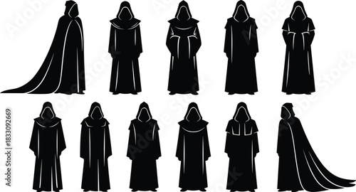 Silhouette collection of hooded cloaked figures standing in various poses, mysterious monk robe characters for design, illustration, and decoration