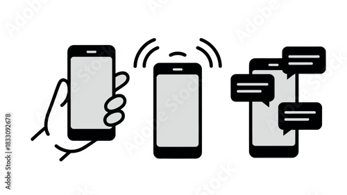 Icons depict a hand holding a smartphone, a ringing smartphone, and a smartphone with speech bubbles representing communication.