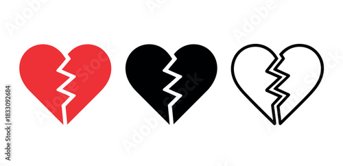 A trio of broken heart icons, symbolizing heartbreak and emotional distress, in red, black, and outline styles.