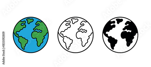 Three distinct illustrations of the Earth show its continents in color, outline, and silhouette.