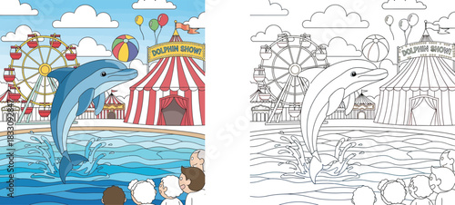 Cute cartoon dolphin jumping out of water at amusement park dolphin show with ferris wheel, circus tent, and audience vector illustration