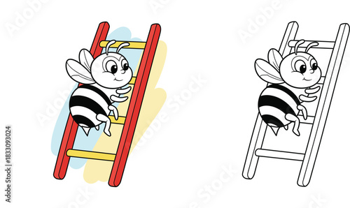 Cute cartoon bee climbing up a red and yellow ladder funny insect character vector illustration isolated on white background