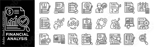 Financial Analysis icon collection set. Containing design audit report, financial statement, budget planning, tax, expense