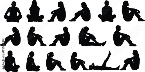 Collection of black silhouettes of people sitting and lying down in various poses against a white background