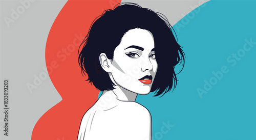 Stylish woman with dark hair and red lipstick poses against a colorful abstract background.