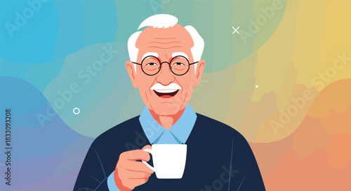 A smiling elderly man with white hair and glasses holds a cup while standing against a colorful abstract background.