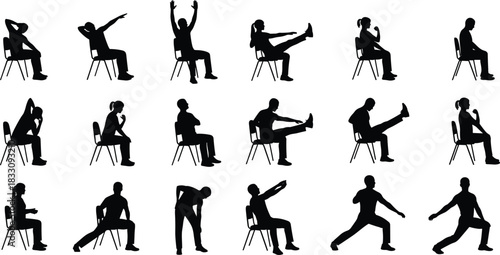 Collection of black silhouettes of people performing various exercises and poses on chairs