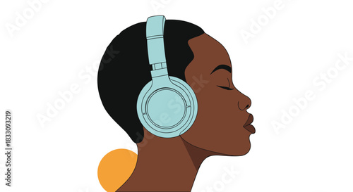 Profile of a young Black woman with headphones listening to music or a podcast with eyes closed.